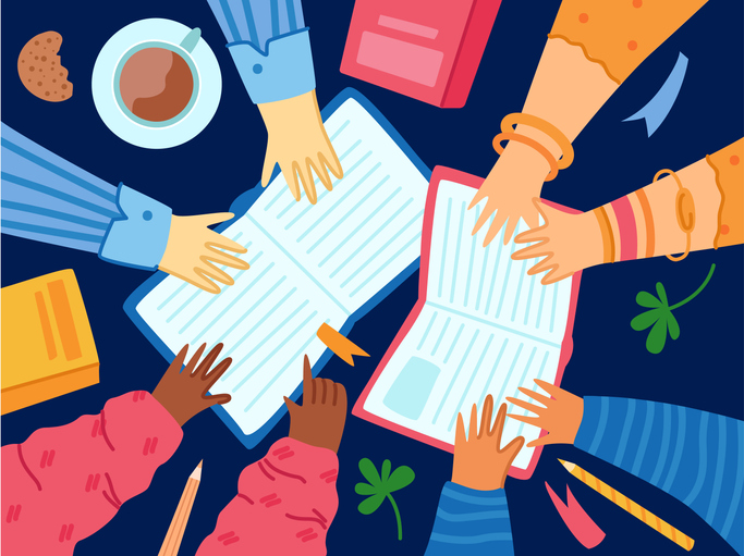 People resching for books graphic