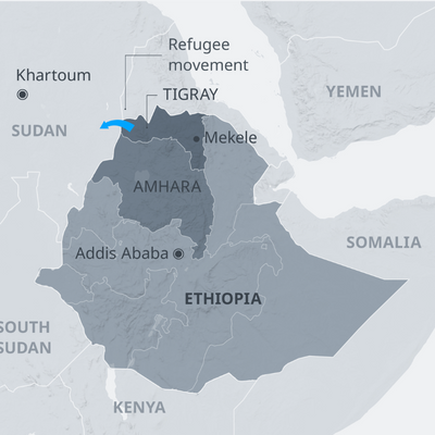 A map showing Ethiopia's location in the Horn of Africa with the northern Tigray region highlighted. Photo Credit: OSM