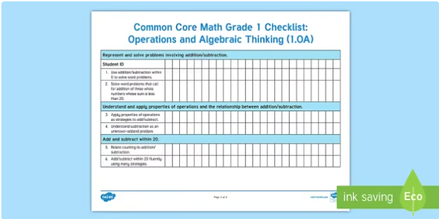 Common Core Math First Grade Standards Student Mastery Checklist