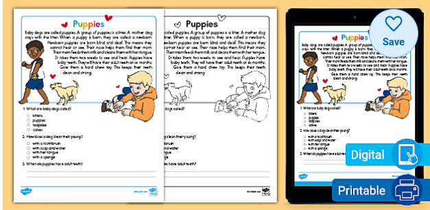 First Grade Puppies Reading Passage Comprehension Activity