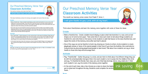 Psalm 9:1 Memory Verse Classroom Activities