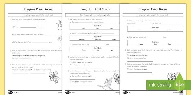 Irregular Plural Nouns Differentiated Activity
