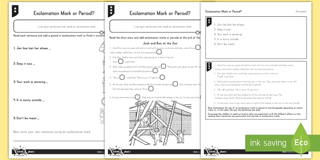 Exclamation Mark or Period Differentiated Worksheets