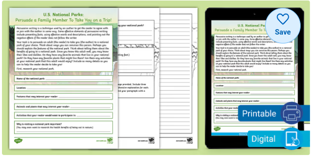 U.S. National Parks: Persuade a Family Member to Take You on a Trip Writing Activity