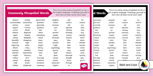 Commonly Misspelled Words Poster