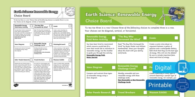 Earth Science: Renewable Energy Choice Board