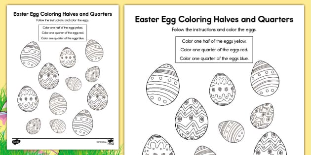 Easter Egg Coloring Halves and Quarters Activity for K-2nd Grade