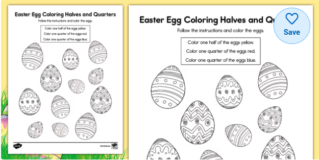 Easter Egg Coloring Halves and Quarters Activity for K-2nd Grade