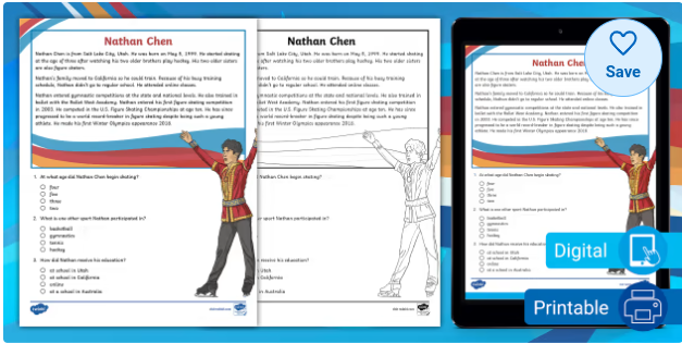Third Grade U.S. Olympians: Nathan Chen Reading Passage Comprehension Activity