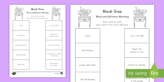 Mardi Gras Word and Definition Matching Activity