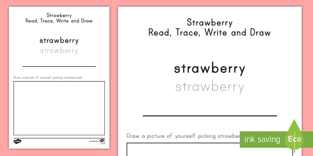 Strawberry Read, Trace, Write, and Draw Worksheet Image