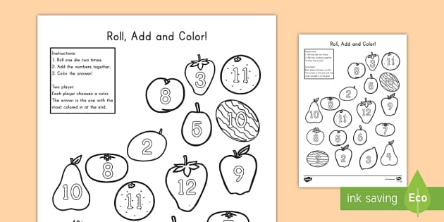 Fruit Roll and Color 3 Dice Addition Activity