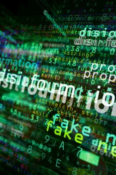 Digital graphic featuring terms like "disinformation" and "fake news" in a green and black matrix style, emphasizing the importance of media literacy in identifying and combating misinformation.