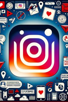 Instagram logo with a background featuring icons and symbols representing political misinformation, including fake news articles, false information warnings, and social media posts, highlighting the spread of misinformation on social media platforms.