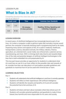 Lesson plan titled "What is Bias in AI?" covering the impact of artificial intelligence on society, its potential biases, and educational activities for grades K-12. Includes lesson overview, learning objectives, and alignment with Common Core standards.