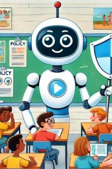 A friendly robot teaching a classroom of diverse students, holding a shield with policy documents on the wall.