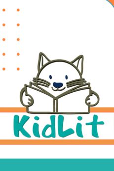 KidLit logo featuring a cute cat reading a book, with colorful design elements around the text.