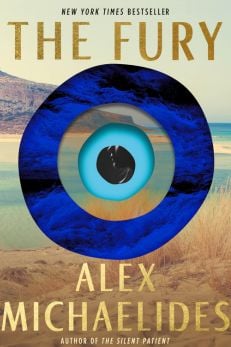 "The Fury" by Alex Michaelides - a cover with a large eye and sandy scenery.