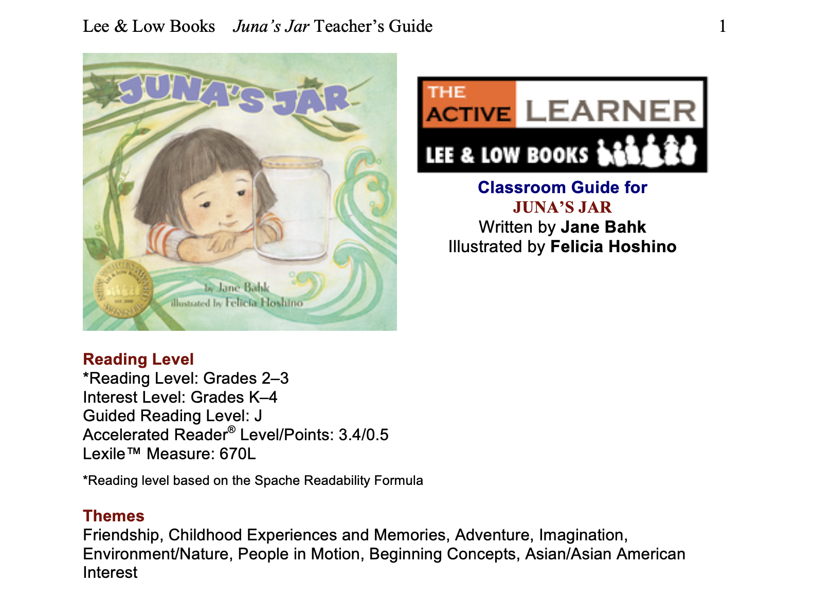 Juna's Jar Teacher's Guide