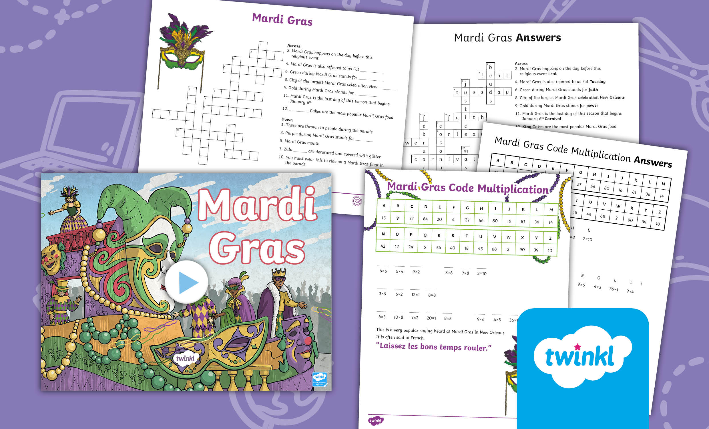 Mardi Gras Lesson Pack – PowerPoint, Crossword & Multiplication Activity for 3rd-5th Grade