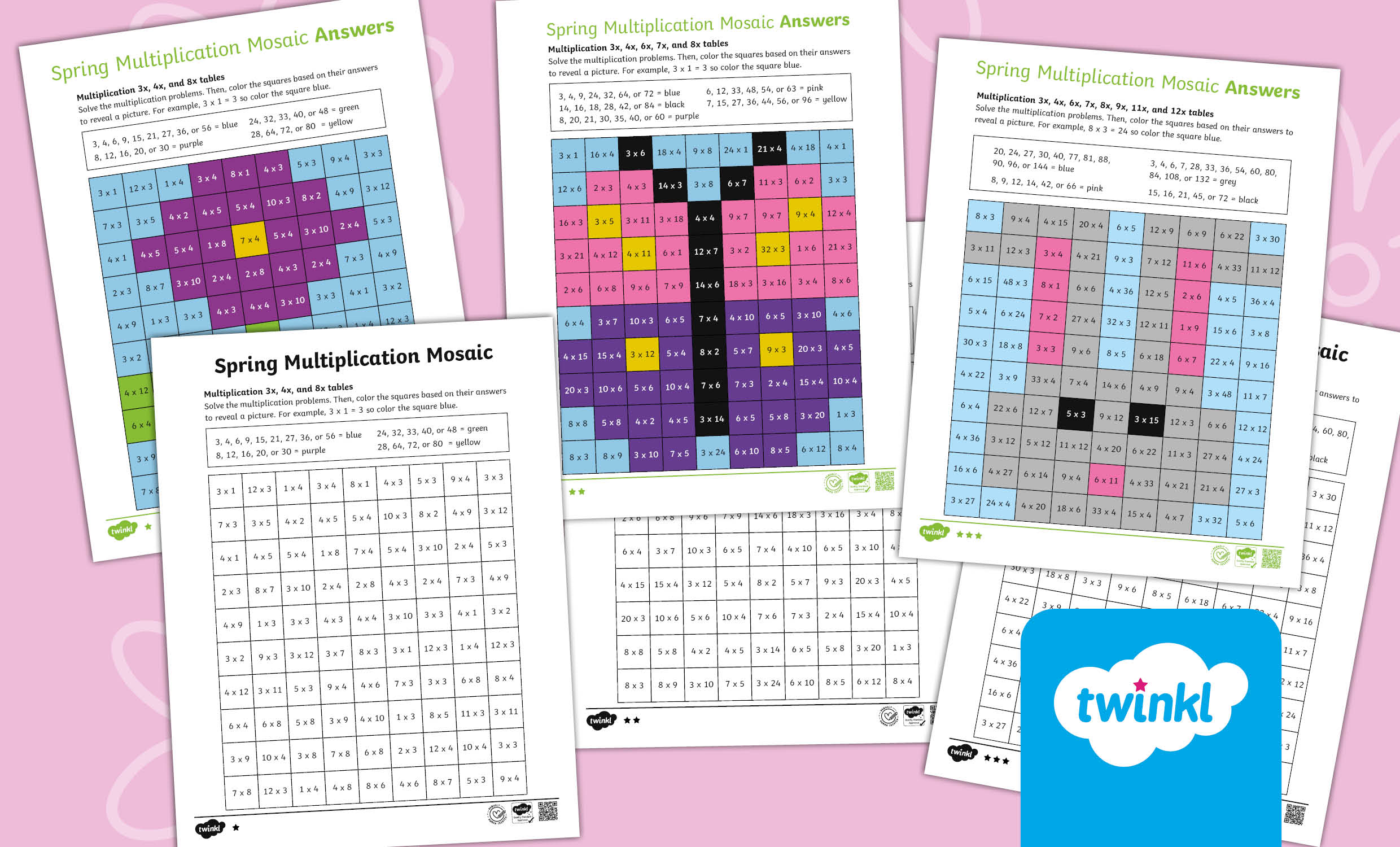 Spring Multiplication Color-by-Number Mosaics for 3rd-5th Grade