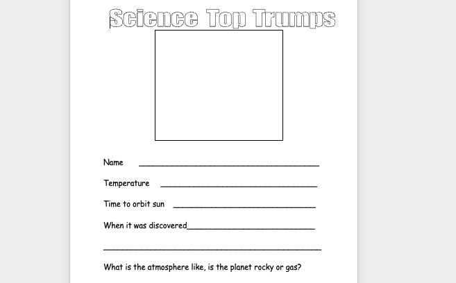 Blank Top Trumps Sheet for science