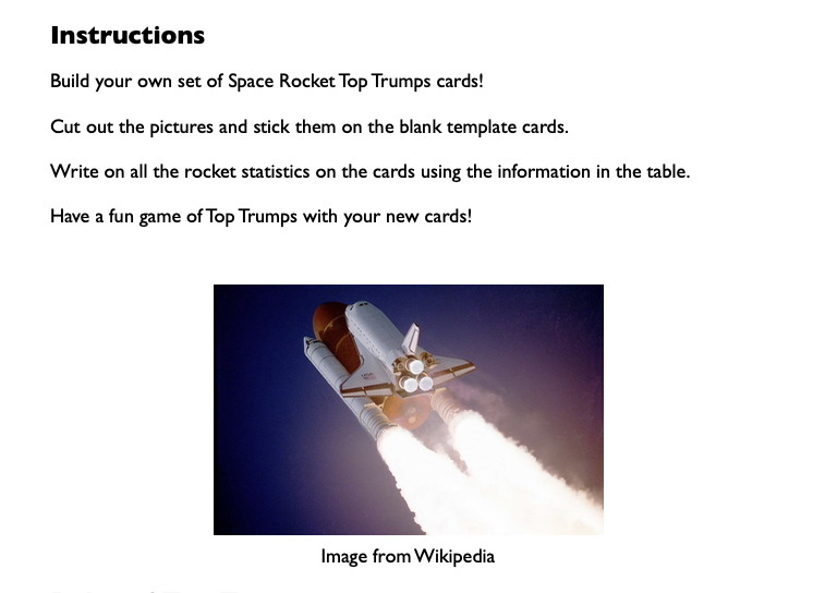 SPACE ROCKET TOP TRUMPS ACTIVITY