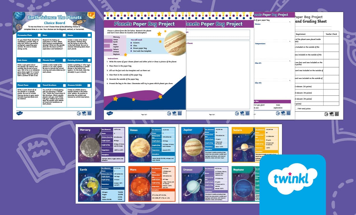 Solar System Activities Pack | Fact Cards, Paper Bag Project, & Choice Board for 3rd-5th Grade