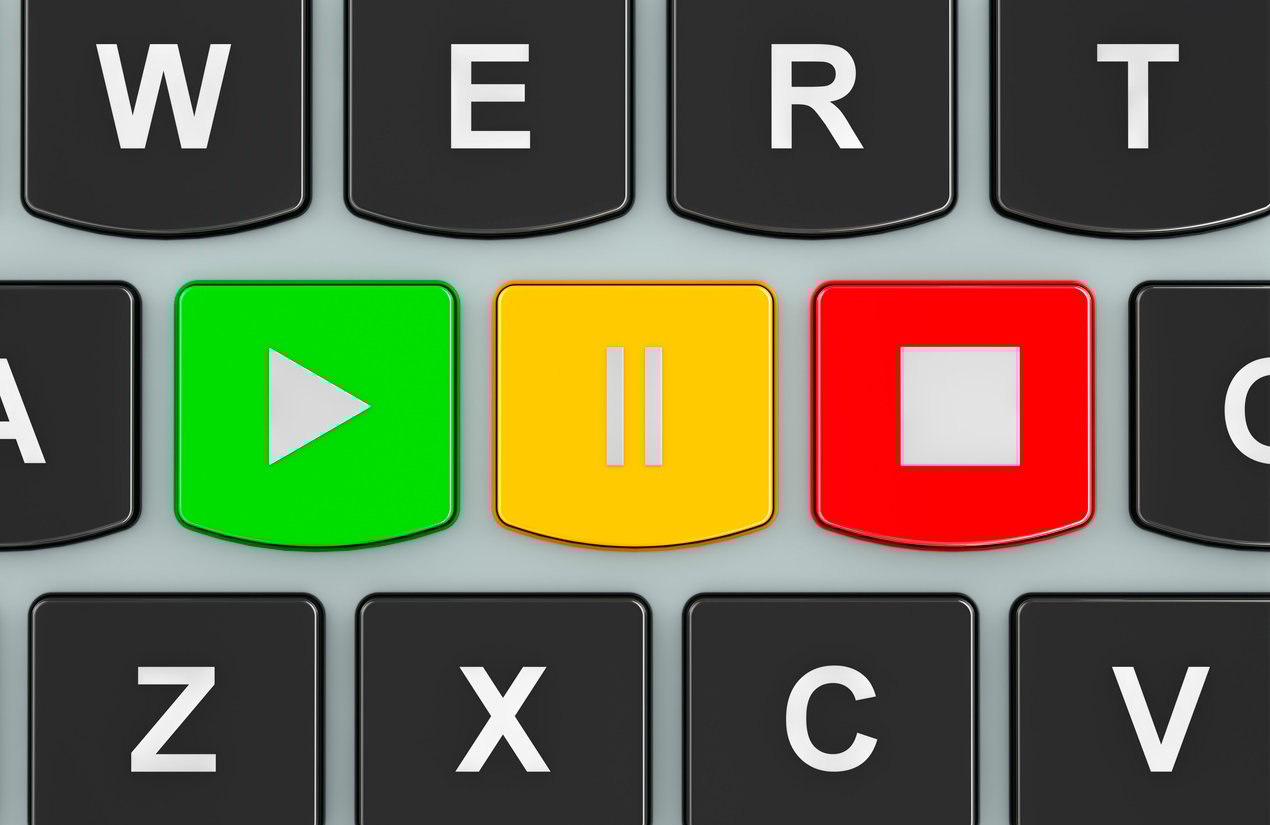 Media player buttons on a computer keyboard, 3D rendering isolated on white background