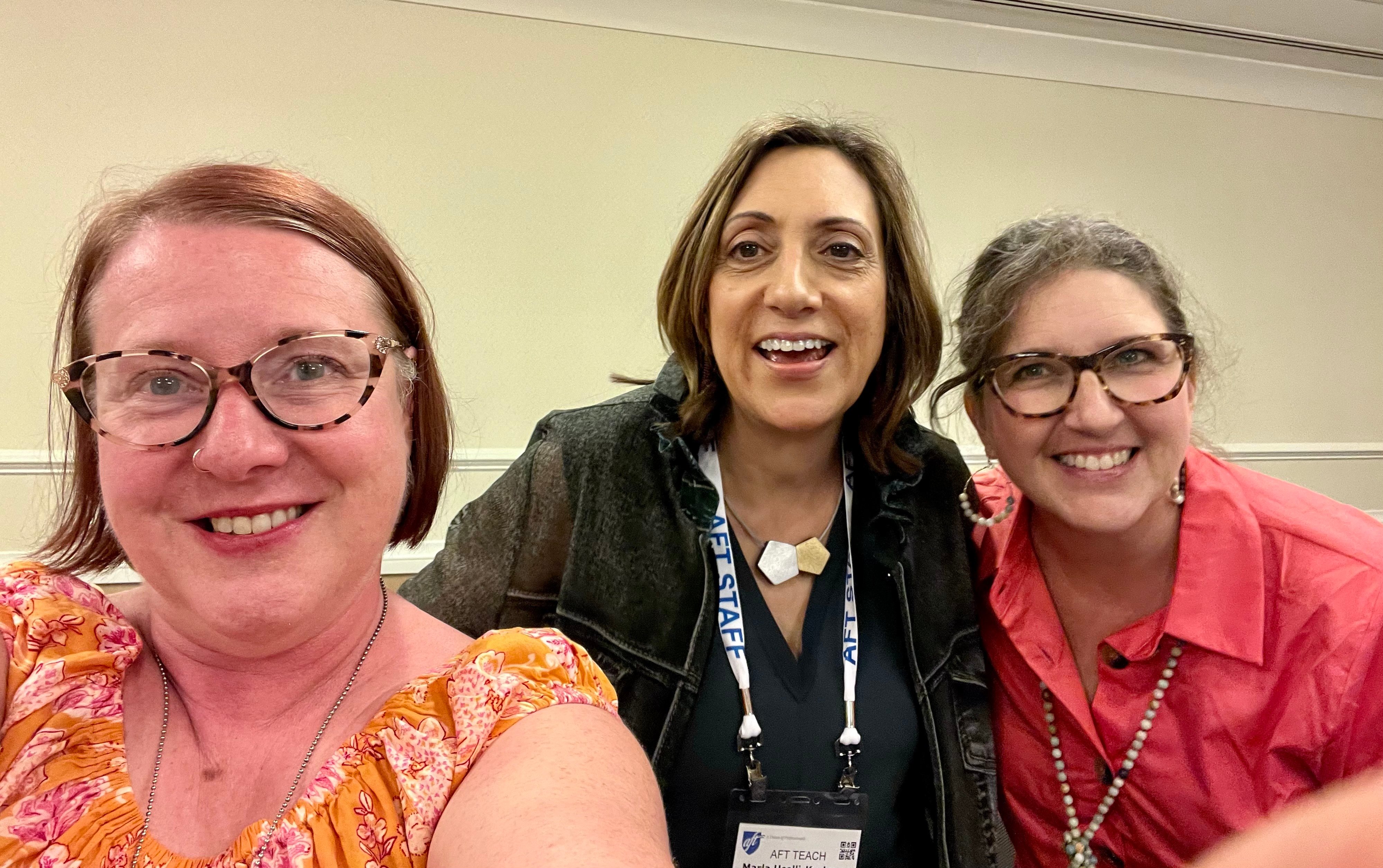 Amber Chandler poses with Marla Ucelli-Kashyap and Mary Cathryn Ricker at AFT TEACH 2023 Conference