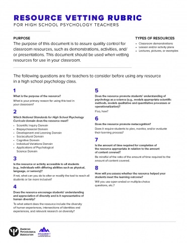 Resource Vetting Rubric for High School Psychology Teachers